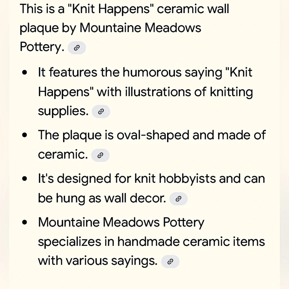 “Knit Happens” Hanging Plaque by Mountain Meadows Pottery. Features Yarn/Needles